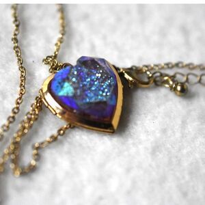 Cottagecore Blue/Gold Glitter Stone Heart Locket 15"Chain 3" Extension Necklace